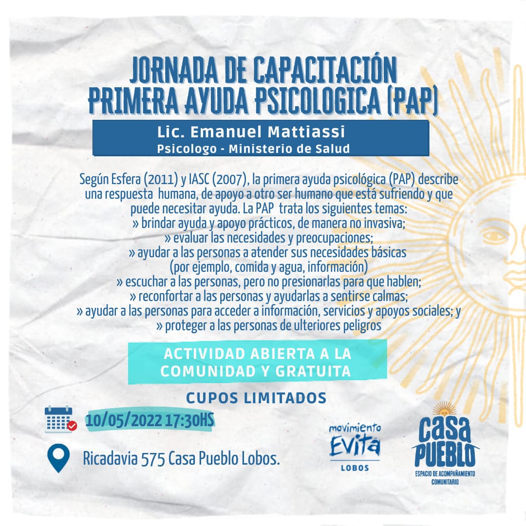 JORNADA DE CAPACITACIÓN PRIMERA AYUDA PSICOLOGICA (PAP) EN CASA PUEBLO LOBOS.