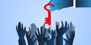 A group of hands compete for the red key in the giant's hand